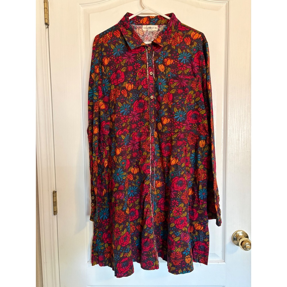 Natural Life Shirt Dress Womens XL Multi Floral NWT Long Sleeve Cotton Button Up